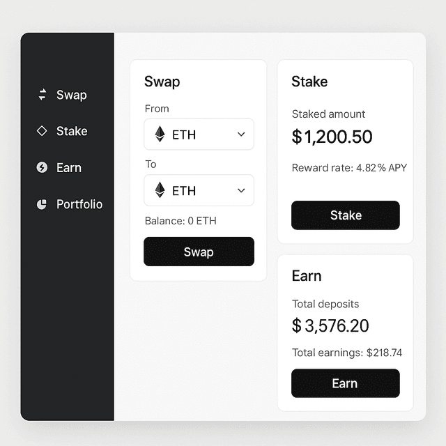 SmoothDeFi - Minimalist light mode DeFi dashboard interface with swap, stake, earn panels